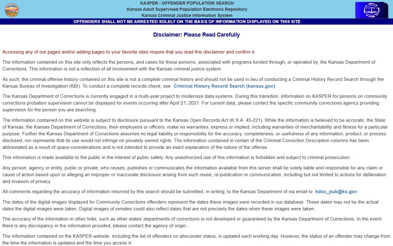 Jefferson County arrest records KASPER disclaimer