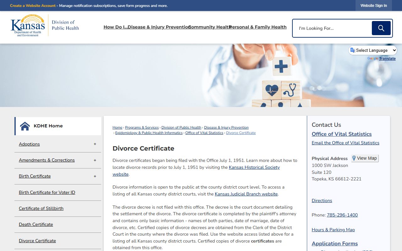 Jefferson County divorce records KDHE certificate ordering