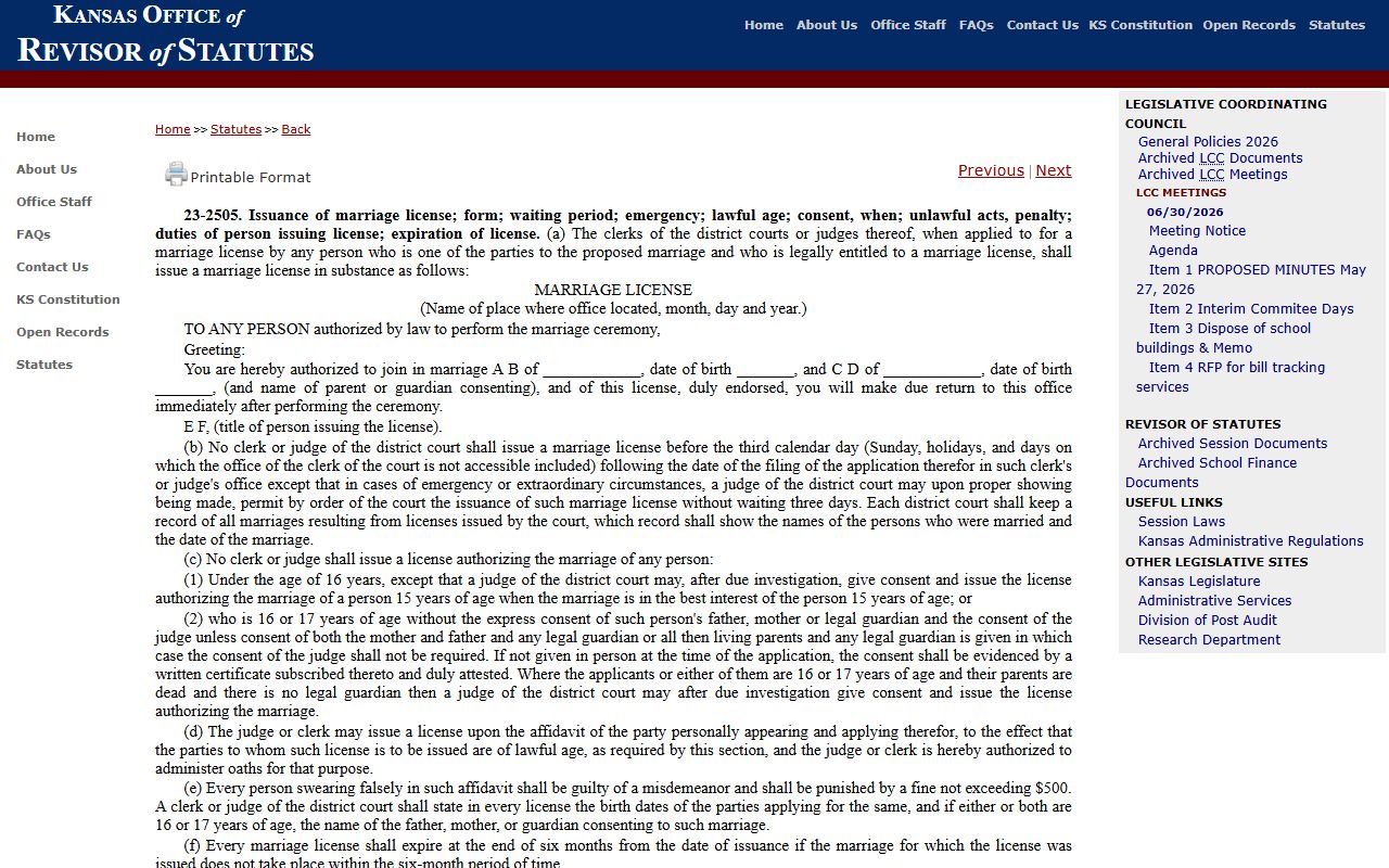Jefferson County marriage records Kansas license statute